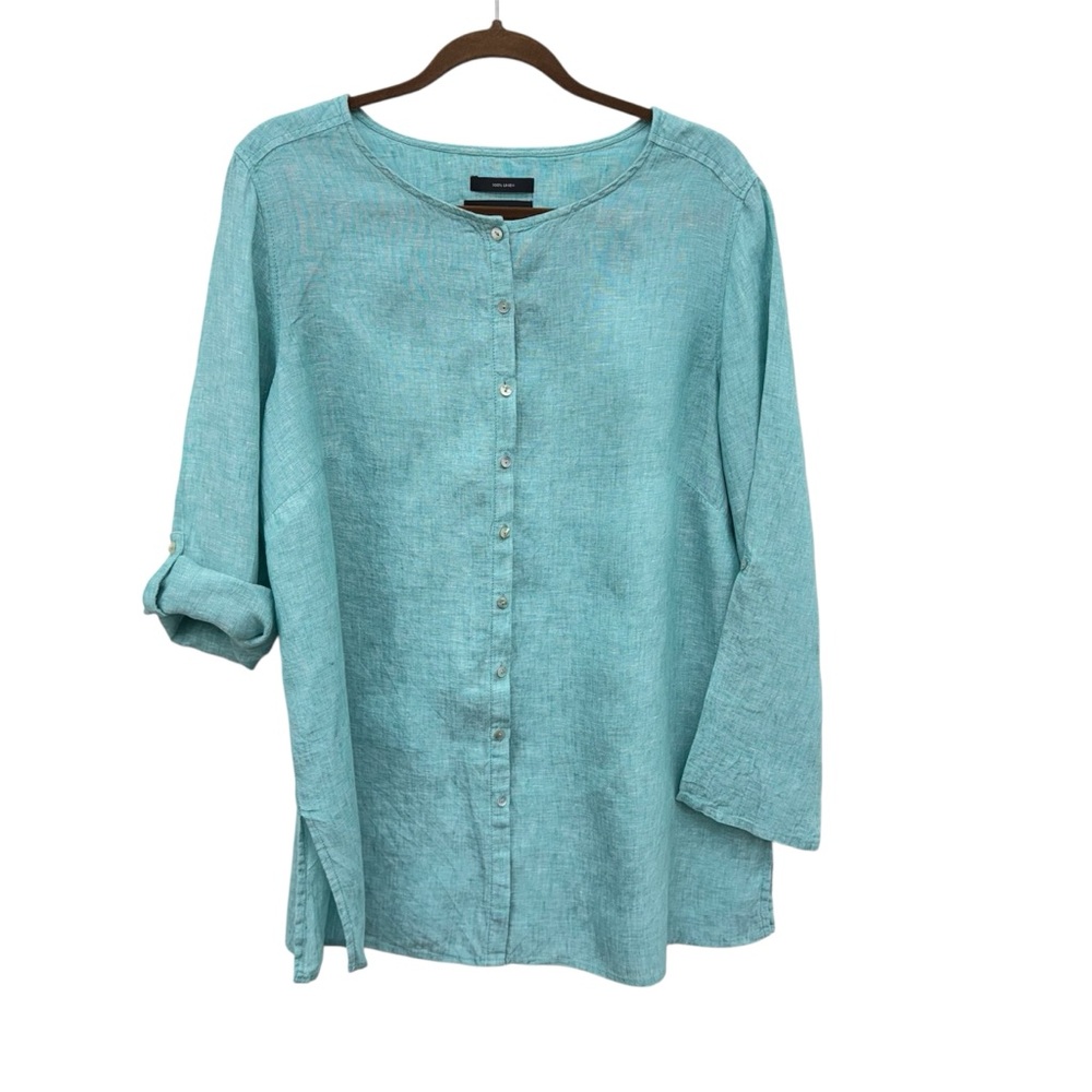 Tahari Teal Linen Button Down Top - Picture 8 of 11
